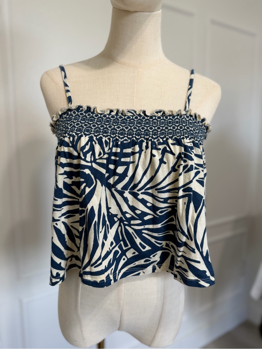 Smocked Navy and Cream Strap Crop Top